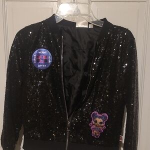 Kids Black Sequin Bomber Jacket with Fun Patches